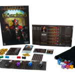 Hősképző társasjáték játéktartalma: doboz, lapok, kockák és kellékek