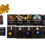 Hősképző társasjáték kártyák és sorssáv: képességek, események és kockák